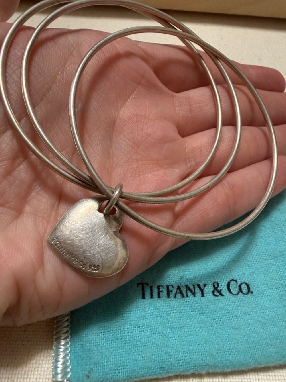 Tiffany & Co. Sterling Silver 925 Three Bangle Bracelet W/Heart Charm W/Pouch - Picture 7 of 16